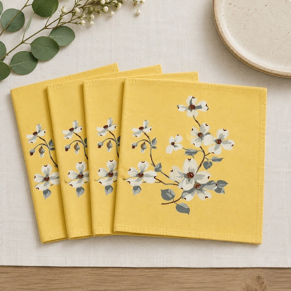 Vintage Yellow Floral Dogwood Cotton Napkins Set of 4 Mid Century Retro Kitchen